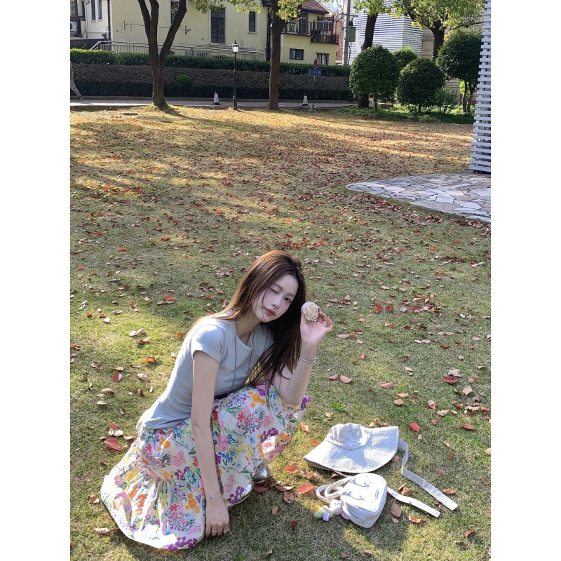 カラフルな花柄黄色の花柄ルーズスカート女性の夏のミドル丈スカート|undefined