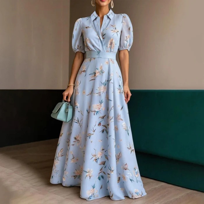 European and American Clothing Amazon 2025 New Independent Station Short-Sleeved Versatile Floral Digital Printed Dress Long Skirt