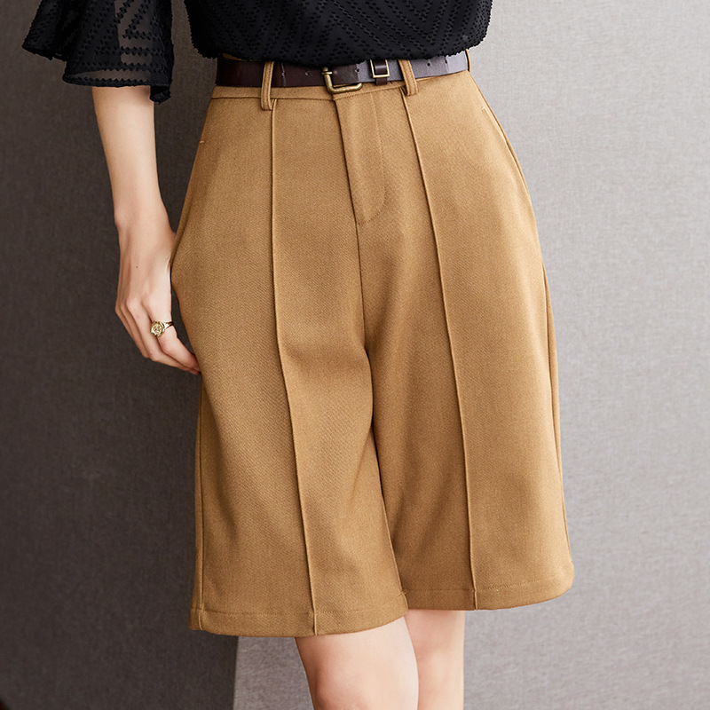 Khaki Suit Wide-Leg Pants Women's Quarter Pants Summer New Bermuda Shorts Design Niche Straight Pants