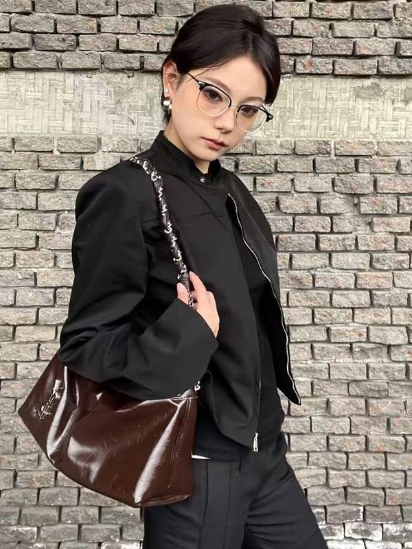 美式复古辣妹黑色新款立领短款外套小个子修身显瘦夹克上衣|undefined