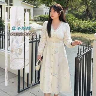 k3241大码女装春季新款复古V领蕾丝拼接裙 胖妹妹中长款连衣裙子