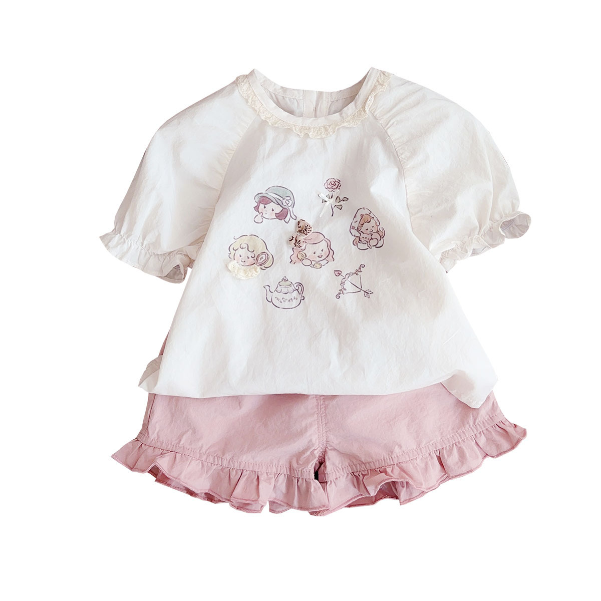 Traje de manga corta de verano para niñas Pantalones cortos para bebés y niños coreanos delgados Traje de dos piezas Ropa de verano para bebés