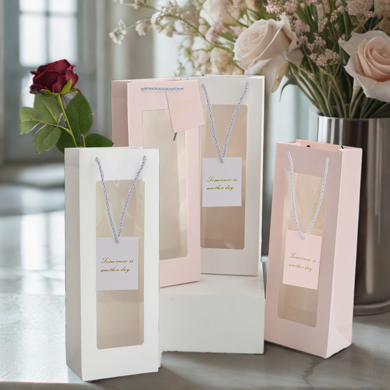 Simple Solid Color Gentle White Visual Gift Wine Bag in stock White Powder Window Vertical Edition Portable Gift Bag