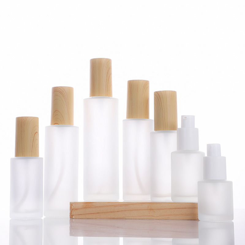 20-120ml botella de loción de vidrio esmerilado botella de spray cubierta de grano de madera botella cosmética