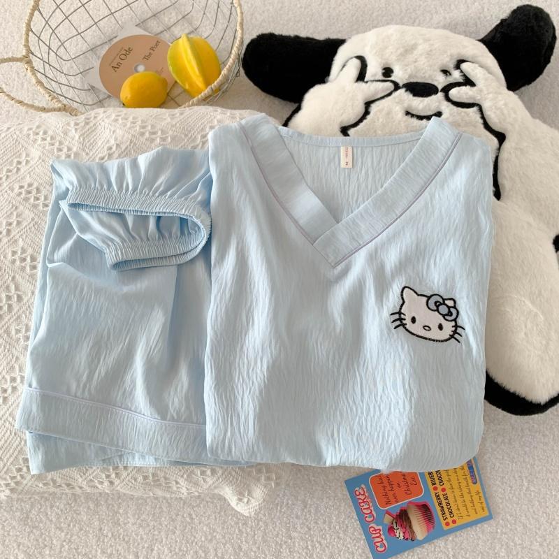 Blue Pocket Cat Cloud Cotton Pajamas Spring Summer Autumn Women's Popular 2025 New Homewear Set V-Neck Short Sleeve Pants