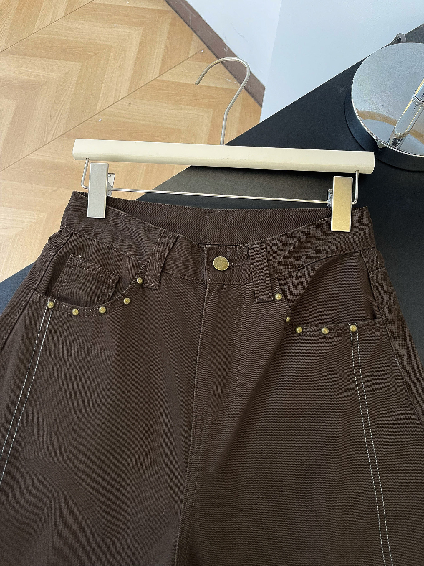 Women's High-Waisted Slimming Wide Leg Trousers Brown Rhinestone Patchwork Casual Denim Jeans Pocket Detail Retro American Style Spring Fashion_ecoleips.com