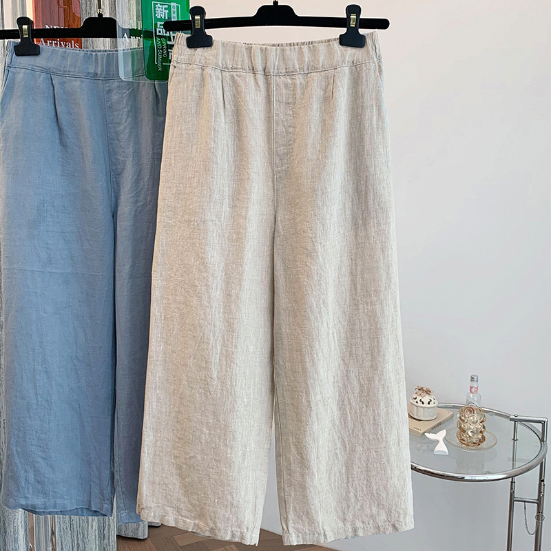 Skinny Leg Straight Cotton and Linen Cropped Straight Wide-leg Pants Women's Loose plus size and Loose High Waist Artistic Cropped Pants for Summer