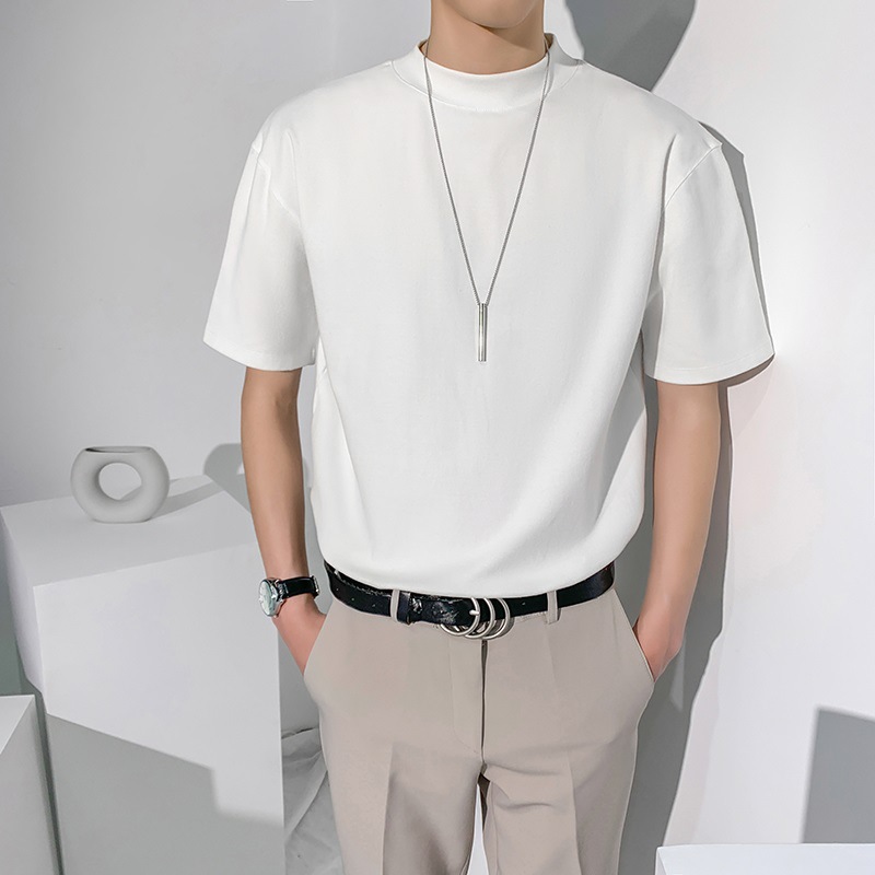 여름 남성용 가볍고 성숙한 스타일의 반팔 티셔츠 하프 터틀넥 하이엔드 한국식 루즈 솔리드 컬러 반팔 작은 신선한 바닥 셔츠