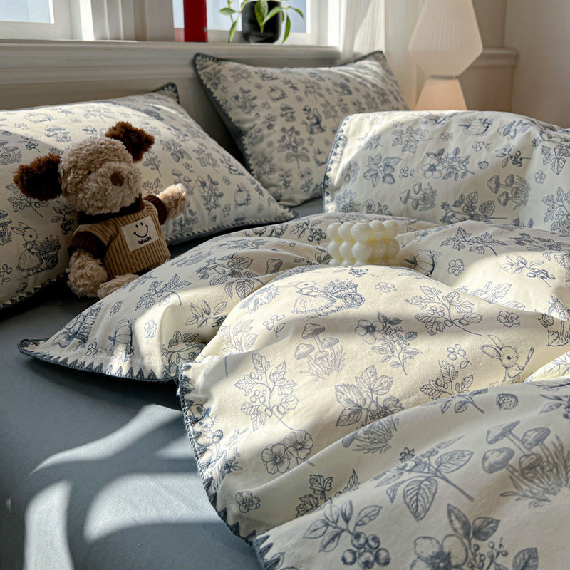 Fresh and Simple Pure Cotton Brushed Bedding Four-Piece Set, All-Cotton Thickened Quilt Cover for Autumn and Winter, Dormitory Single Bed Warm Bedding