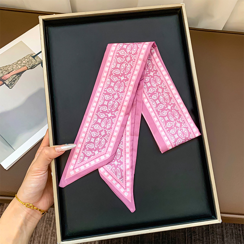 Pañuelo de seda largo, sensación de alta calidad, serie de flores de anacardo retro, pañuelo pequeño estilo ins de doble cara, bolso atado, cinta para el cabello