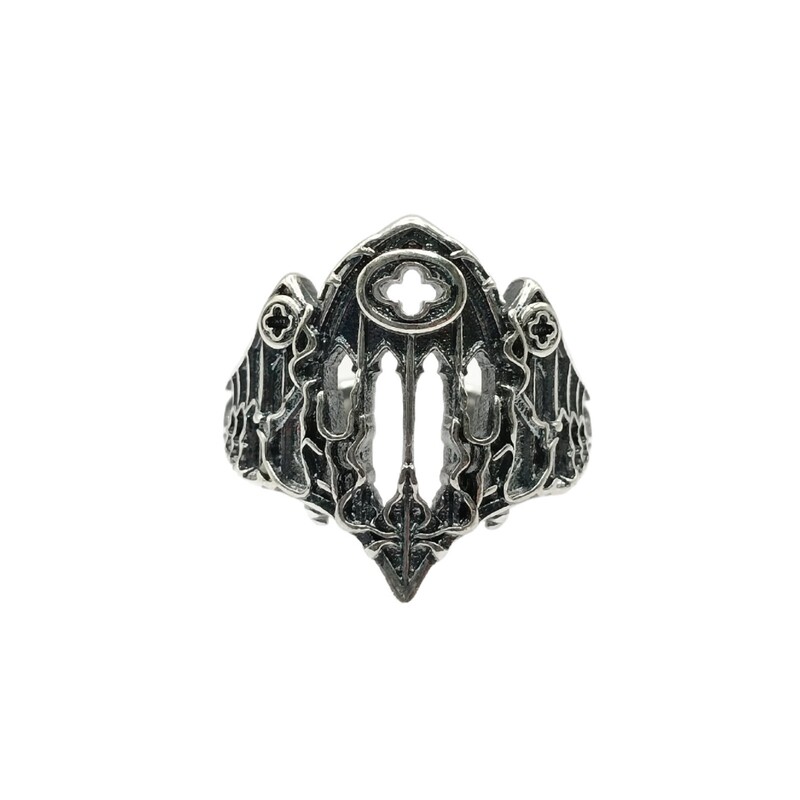 Yishang オリジナルデザインタイシルバーレトロファイアキャッチャーゴシックレリーフ花窓ダークリングトレンディなメンズオープンリング|undefined