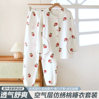 跨境空气层仿桃绣睡衣套装夏款纯棉家居服卡通水果买菜外出服长裤