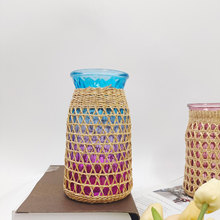 跨境外贸批发草编玻璃干花瓶日系创意花瓶家居装饰摆件藤编花器