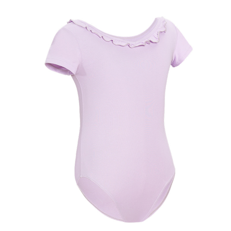 Una pieza de ropa de baile para niños de nuevo estilo, algodón para niñas de primavera, adelgazamiento y reducción de edad, ropa de práctica linda con volantes de manga corta