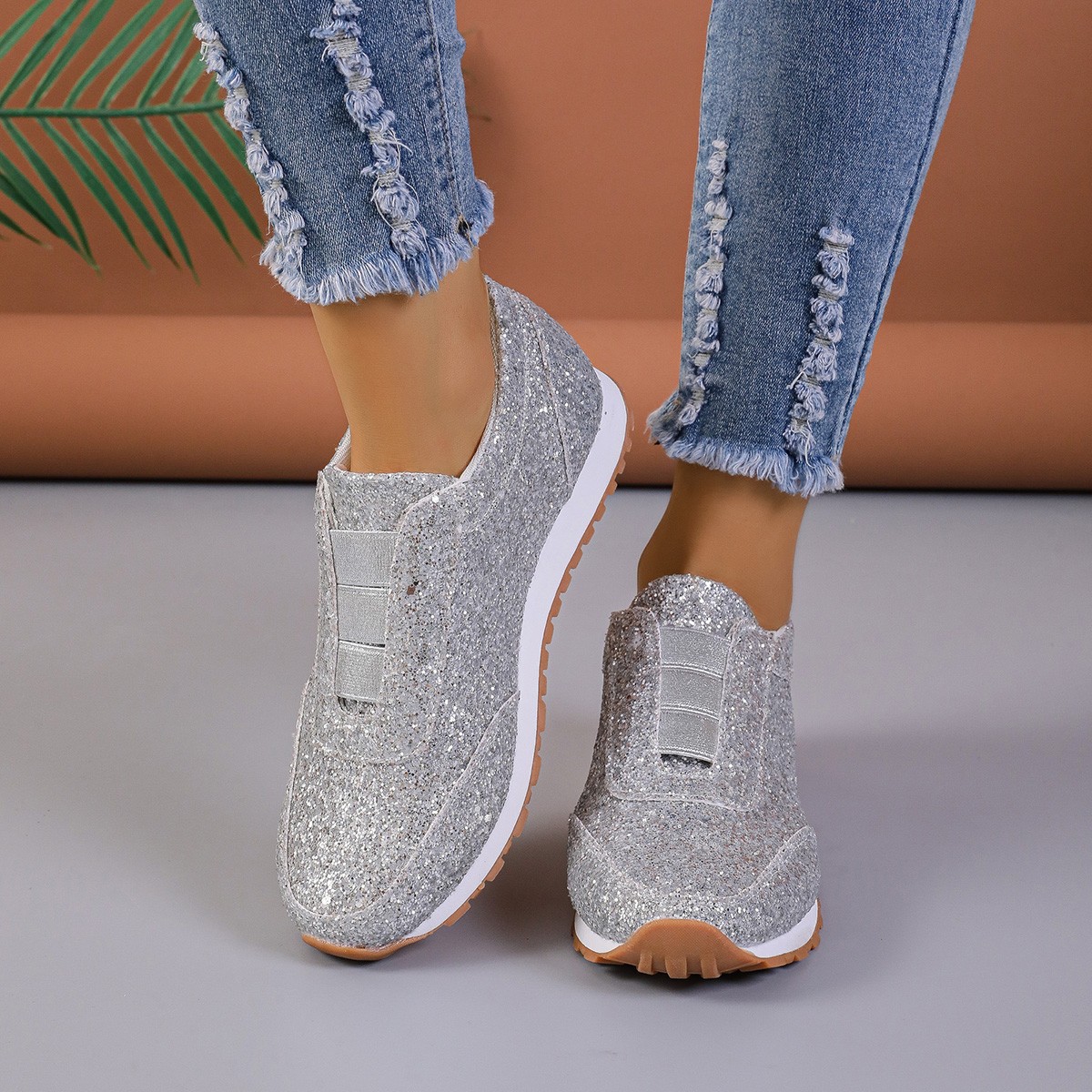 Damenschuhe mit Pailletten und Strasssteinen, elastische Freizeitschuhe mit dicken Sohlen, Fischmaulschuhe_voghion.com