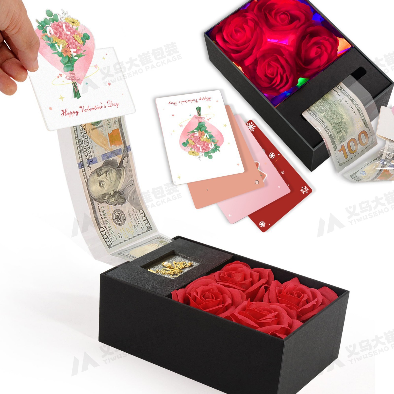 黑色（含1个灯带，5朵玫瑰花，4张贺卡，30个袋子）
