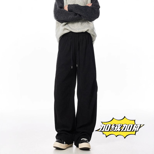 Linen Pants for Men - Winter Fleece Lined and Thickened, Streetwear Brand, Loose Straight Leg, Casual