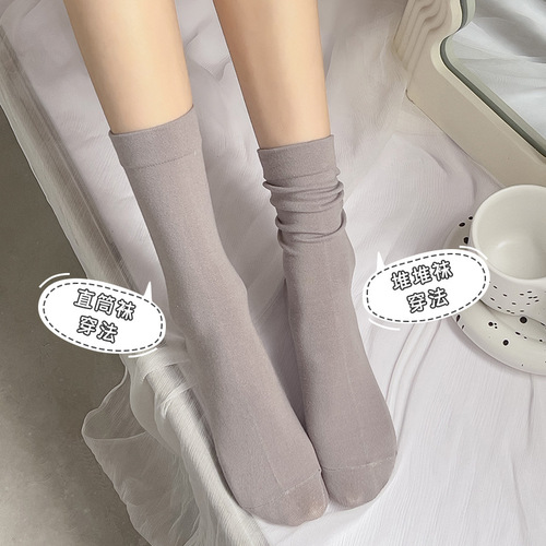 New arrival mid-calf socks for girls—sweat-wicking, solid-color cotton socks with a soft, casual design—versatile, straight-cut, and perfect for stacking. Zhuji-made socks.