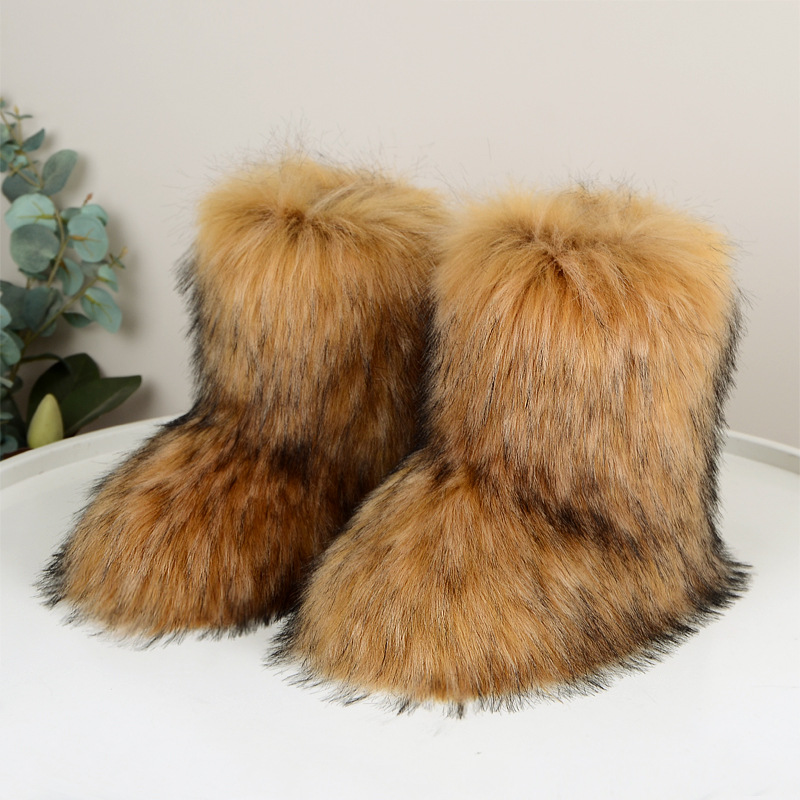 欧美跨境新款毛毛靴子仿貉子狐狸毛雪地靴冬季保暖加厚中筒靴子
