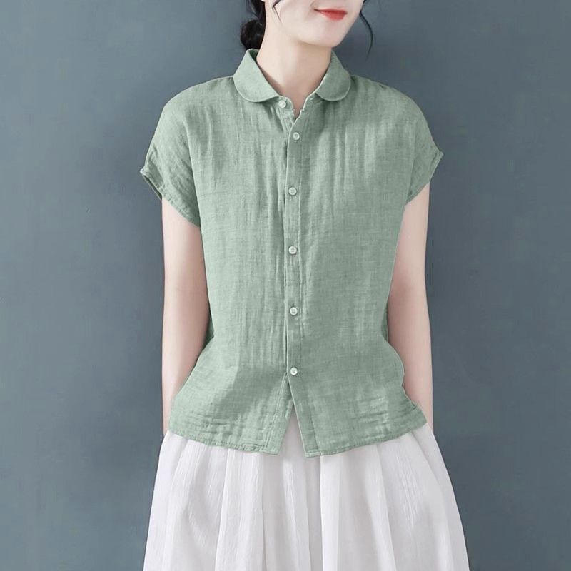 Summer New Fashion Mom's Cotton and Linen Short-Sleeved Solid Color Shirt, Loose Fit, Tummy-Concealing, Slimming, Casual Versatile Top for Summer Summer New Fashion Mom's Cotton and Linen Short-Sleeved Solid Color Shirt, Loose Fit, Tummy-Concealing, Slimming, Casual Versatile Top for Summer