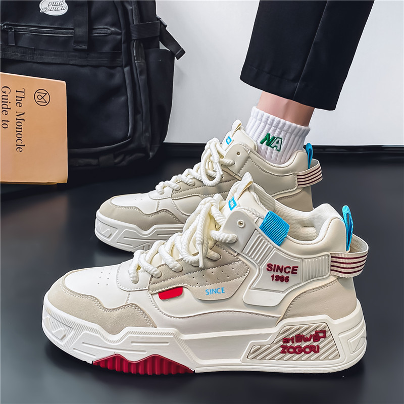 Casual Sneakers Men's Leather Thick-Soled High-Top Sports Shoes Spring and Autumn New Youth Trendy White Shoes