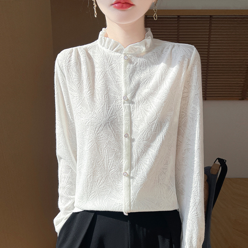 High-End Jacquard Ruffled Collar Shirt for Women, Long-Sleeved Top, Fashionable and Elegant Inner Layering Shirt, Wholesale and Dropshipping
