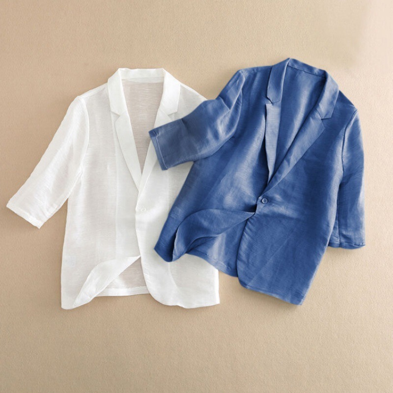 Women's Summer New Lightweight Cotton-Linen Jacket with Three-Quarter Sleeves, Slim Fit, Breathable, Trendy