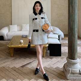 白色格子外套上衣高腰短裙长袖翻领连衣裙三件套装 这里是连衣裙