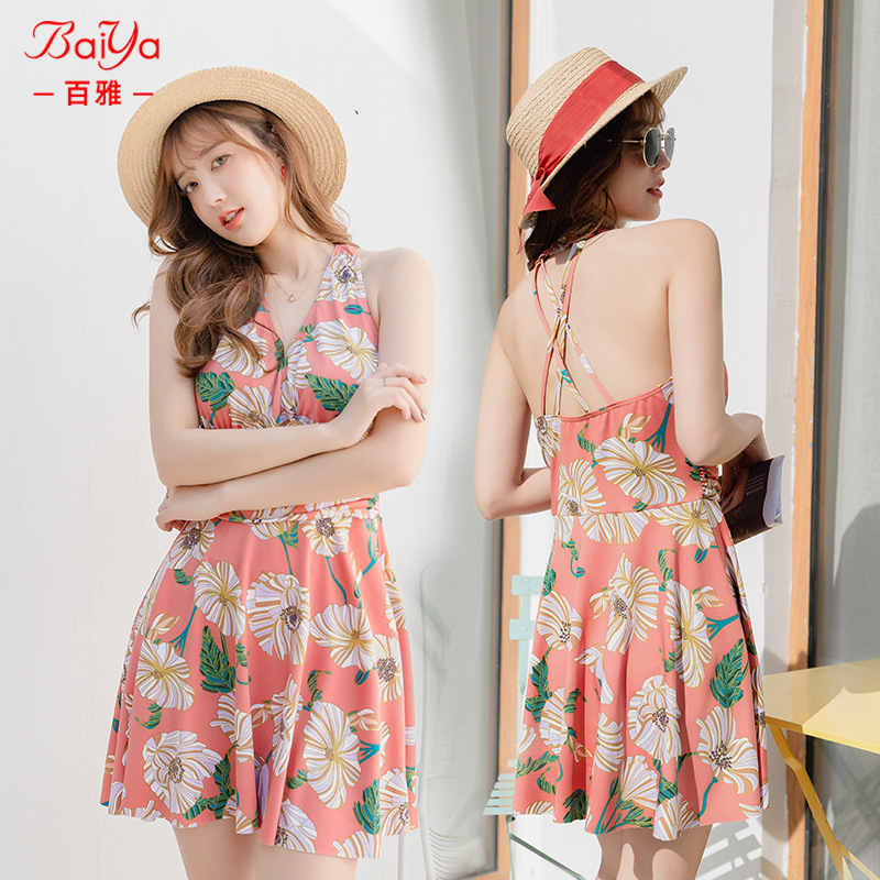 Baiya traje de baño Boxer falda de una sola pieza de moda impreso Delgado adelgazamiento vientre que cubre conservador más tamaño traje de baño de aguas termales para las mujeres