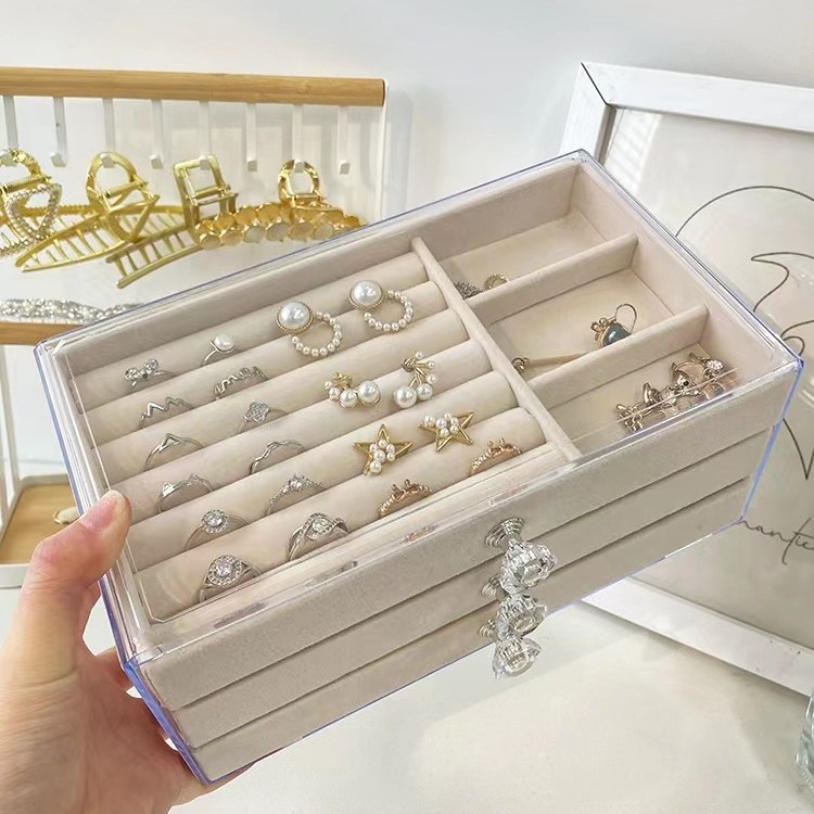 Caja de joyería de terciopelo multicapa para almacenamiento de pendientes, collares, anillos y exhibición de joyas.