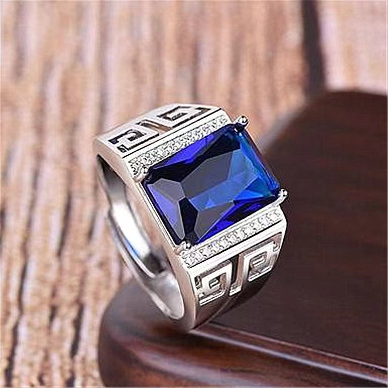 Blue zircon square diamond domineering back pattern opening ring inlaid sapphire business temperament Tide men's ring manufacturers wholesale