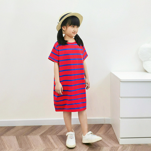Summer Korean style children's clothing, new girls' dresses, older children's striped breathable casual nightgown, baby girl's long skirt