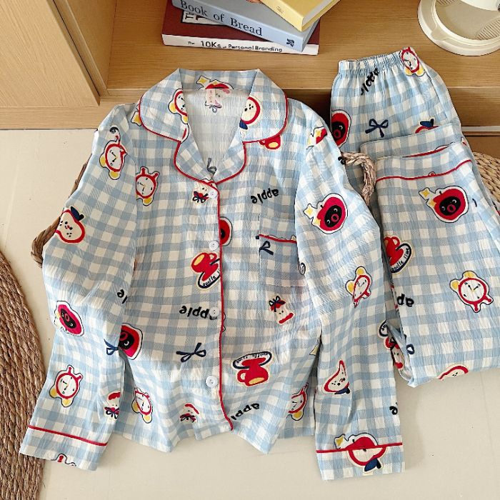 Pijamas de algodón nubes al por mayor transfronterizos pantalones de mangas largas de dibujos animados lindos cardigans con solapa otoño nueva explosión ropa para el hogar