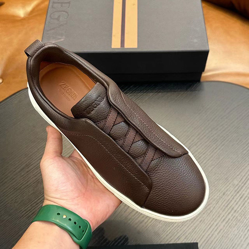 European High-End Genuine Leather Men's Slip-On Low-Top Sneakers with Cross Elastic Band Casual Sports Shoes for Lazy People