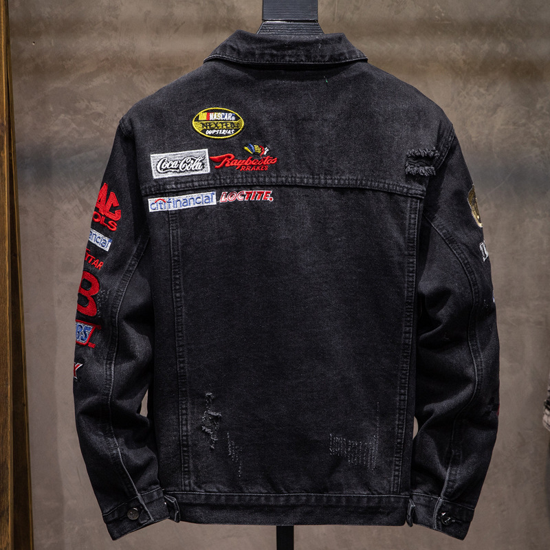 Moda marca ripped bordado abrigo de primavera y otoño de los hombres chaqueta de mezclilla suelta de moda chaqueta de la juventud casual de manga larga mapache