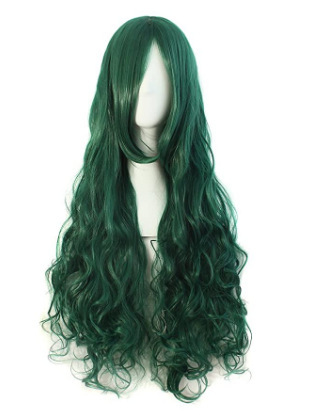 Japanese Harajuku Green Wig Color Foreign Trade Women's Long Curly Hair Oblique Bangs Wig Headgear Large Wave Chemical Fiber