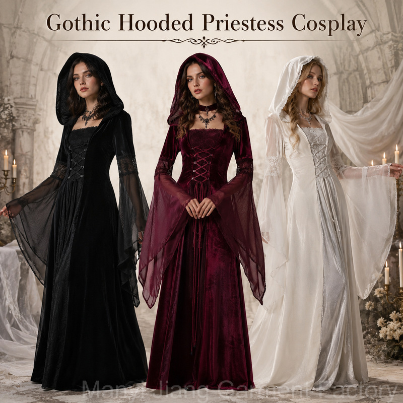 Medieval Retro Style Women's Wedding Dress Hooded Waist-Cinched Long-Sleeved Long Dress Halloween Party Stage Cosplay Costume Medieval Retro Style Women's Wedding Dress Hooded Waist-Cinched Long-Sleeved Long Dress Halloween Party Stage Cosplay Costume