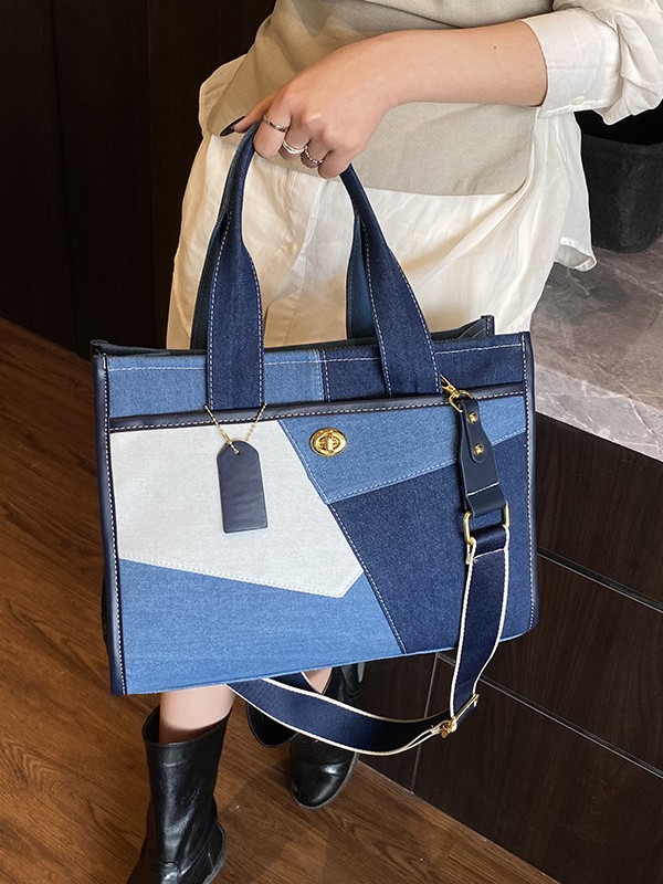 Bolsos para mujer 2025 nuevo estilo transfronterizo de mezclilla costura de contraste de color bolso portátil portátil bolso de mensajero de hombro de viaje de ocio