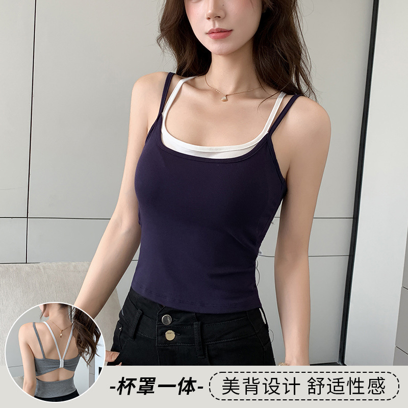 H166 偽ツーピース女性用サマースリムフィットキャミソール、胸パッド付き、ホットガールが外で着用できるトップス|undefined