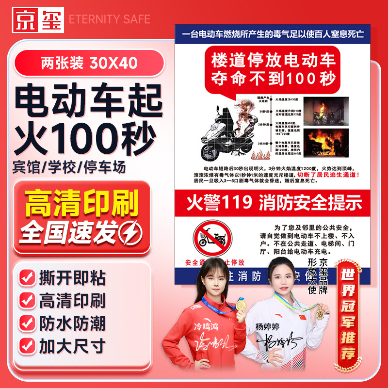 京玺电动车起火100秒警示提示墙贴标识消防火灾楼宇物业社区2张装