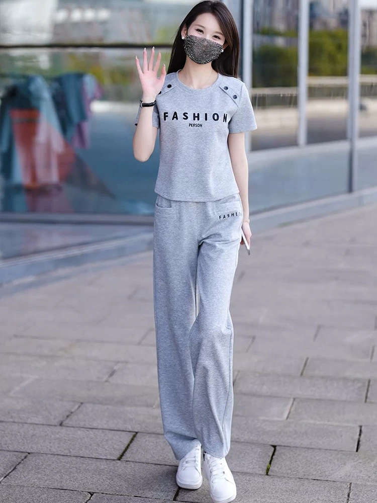 休闲运动服套装女士2025年新款夏季时尚洋气卫衣圆领短袖两件套潮