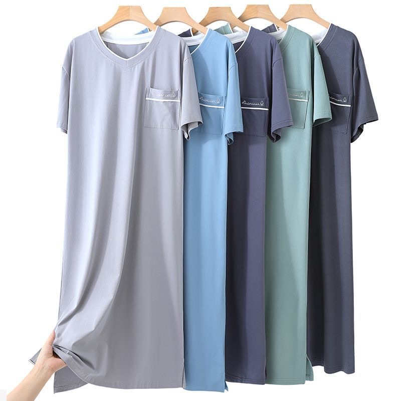 Nightgown Men's Summer Short Sleeve V Neck Modal Ice Silk Thin Fashion Loose Nightdress 2025 New Homewear