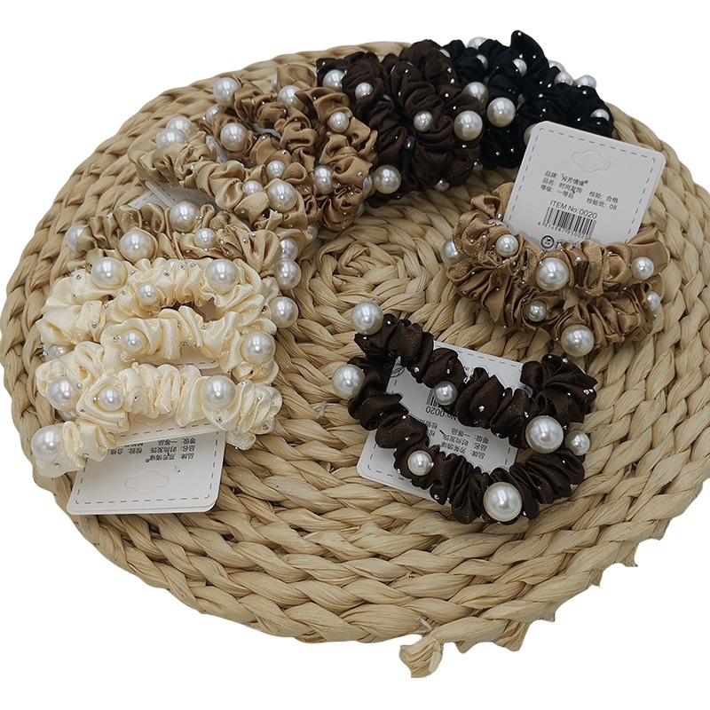 A3341 satén uñas perla banda de goma Chanel estilo diadema elegante simple etiqueta cuadrada cinta de perlas banda de pelo