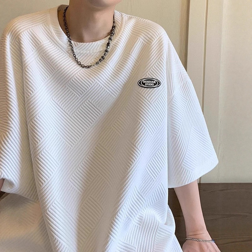 Waffle Short-sleeved Men's Summer American-style Loose Round-neck T-shirt Trendy Brand Label Simple Half-sleeved Couple's Casual T-shirt