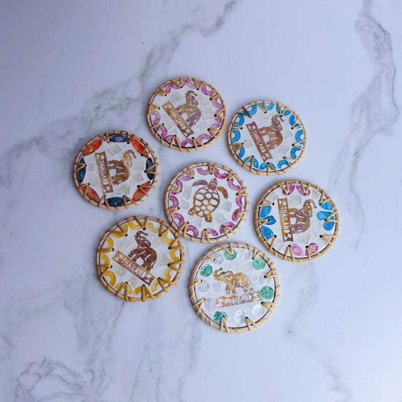 등나무 컬러 쉘 라운드 10cm 코스터 단일 길조 패턴 무작위 머리