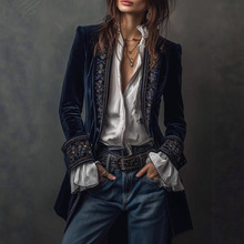欧美跨境新品复古绣花修身小西装外套女