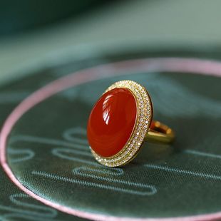 Authentic genuine goods Natural South Red Agate Ring Baoshan Material South Red Ice Red Chinese Design Sand Gold Ring for Women