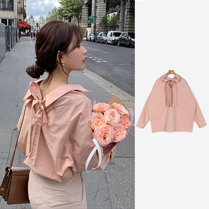 Spring and Autumn chic shirt women's design sense niche back strap careful machine all-match top sweet age-reducing Western style