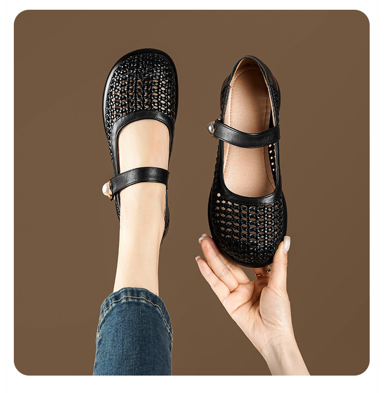 Sandal nữ da thật quai chữ V đan móc mũi kín đế mềm — màu be chi tiết 16