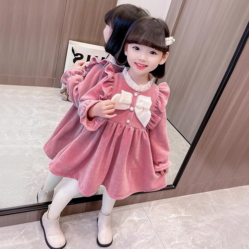 New Sweet Butterfly Bow Fashion Dress for Autumn/Winter, Small Children, Stylish Medium Length Skirt Option